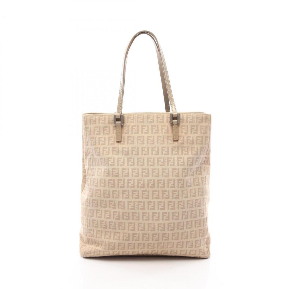 Fendi Zucchino Tote Bag Handbag Canvas Leather Women's Beige 8BH067
